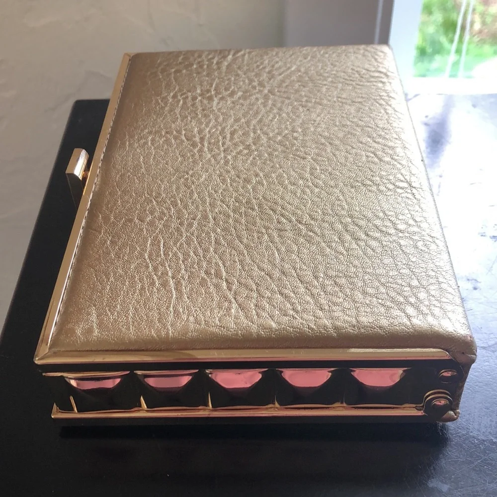 MMS gold metal and leather box clutch with cross body chain. OS - Picture 3 of 11